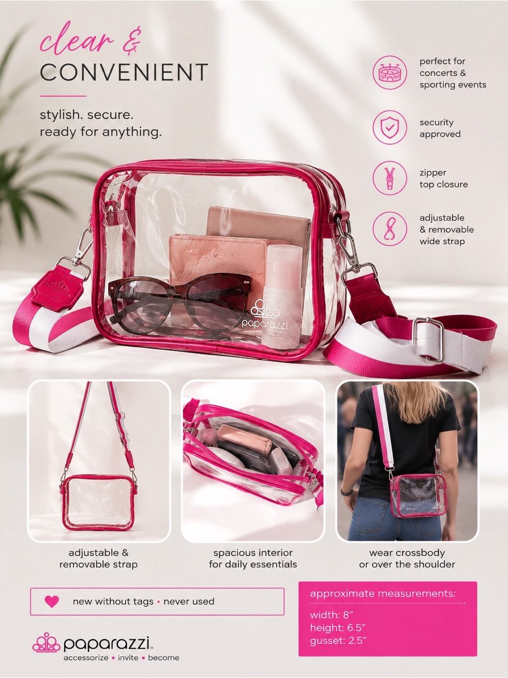 paparazzi Clear Crossbody with Hot Pink Trim and Strap